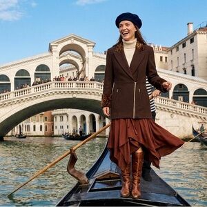 🆕 Jacket JEAN PAUL Brown Virgin Wool Asymmetric Zip Faux Fur Trim Vintage Size 8